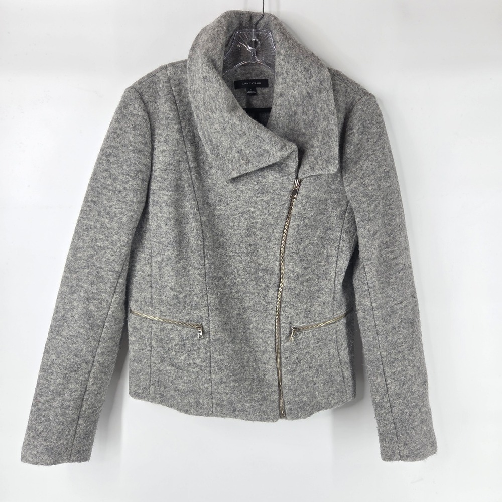 Ann Taylor Moto Jacket S Gray Wool Blend Asymmetrical Zip Professional Chic Core